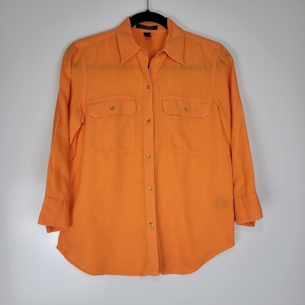 LAUREN Ralph Lauren Orange 100% Linen Gold Button Up Shirt Blouse Size Small